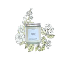 Load image into Gallery viewer, Jasmine and Gardenia candle with a floral illustration on a white background