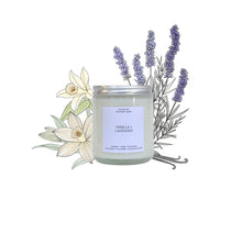 Load image into Gallery viewer, Vanilla and lavender candle with a floral illustration design on a white background.