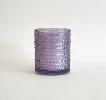 Load image into Gallery viewer,
Vanilla and Lavender scented soy candle in purple hobnail glass jar on white background.