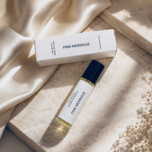Load image into Gallery viewer, PINK MERINGUE perfume oil from Maison de Parfum collection with matching white box styled on a light stone surface with draped satin fabric.