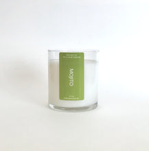 Load image into Gallery viewer, Mojito natural wax candle with a green label on a white background, handmade in Wilmington, North Carolina.