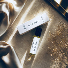 Load image into Gallery viewer, OF THE NIGHT perfume oil from the Maison de Parfum collection with matching box, styled on warm natural stone with champagne satin, golden light, and delicate dried flowers for a sophisticated luxury editorial look.

