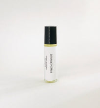 Load image into Gallery viewer, Pink Meringue perfume oil roller bottle with minimalist white label and black cap
