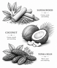 Load image into Gallery viewer, A black and white botanical illustration featuring three natural ingredients: sandalwood logs, a whole and halved coconut, and several tonka beans with leaves. 
