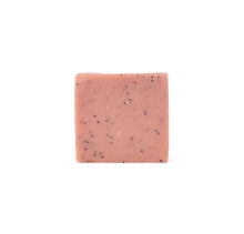 Load image into Gallery viewer, Handmade square pink soap bar with poppy seeds, photographed on a clean white background with soft natural lighting. 
